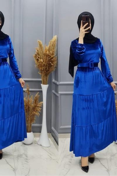 Yeni Model Kadife Elbisem Saks Mavisi