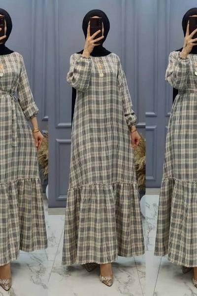 Yeni Model Ekose Elbisem Vizon