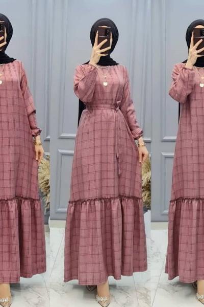 Yeni Model Ekose Elbisem Pembe