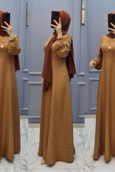 Yeni Model Yün Efekt Kumaş Elbisem  Hardal Sarısı