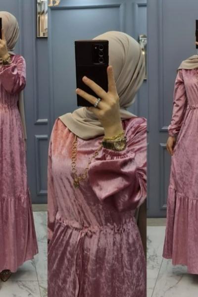 Yeni Model Kadife Elbisem Pudra