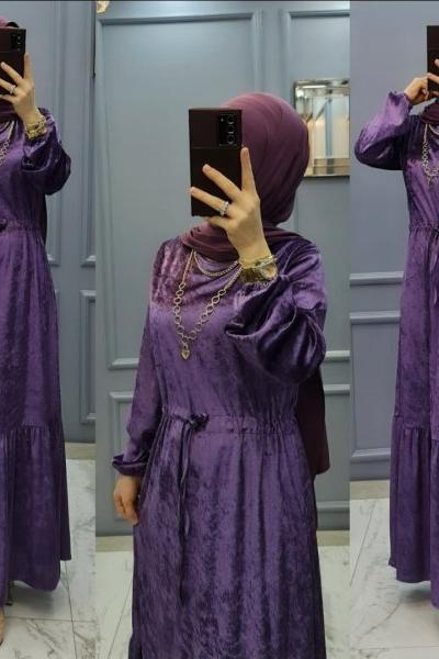 Yeni Model Kadife Elbisem Mor