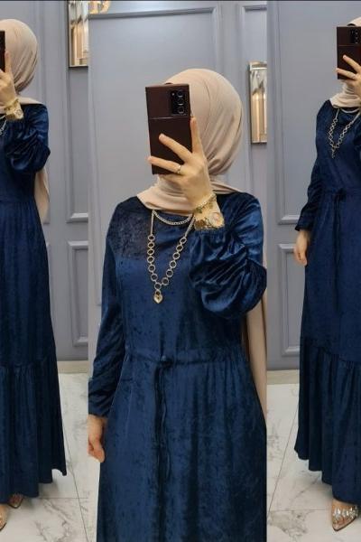 Yeni Model Kadife Elbisem Lacivert