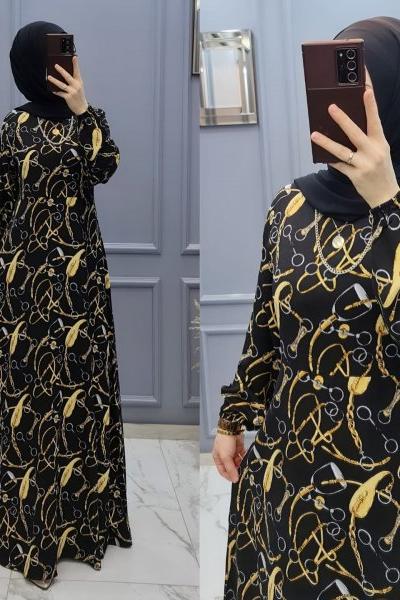 Yeni Model Zincir Desen Elbisem Siyah