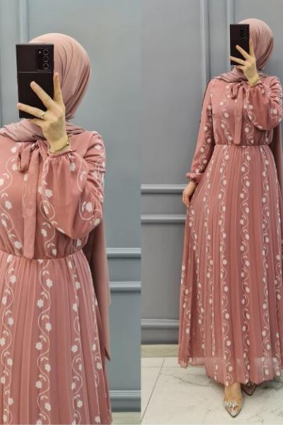 Yeni Model Şifon Elbisem Pudra