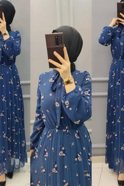 Yeni Model Şifon Elbisem Saks Mavisi