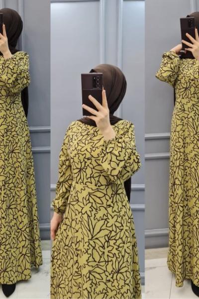 Yeni Model Çizgili Elbise  Yağ Yeşili