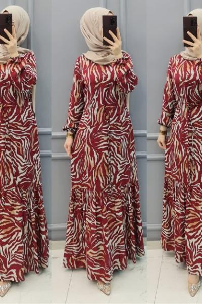 Yeni Model Büyük Beden Elbise Bordo Bej