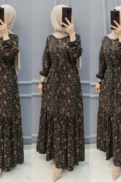 Yeni Model Çiçek Desen Elbisem Siyah Kahverengi
