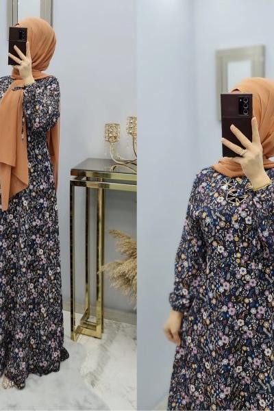 Yeni Model Çiçekli Elbisem Lacivert