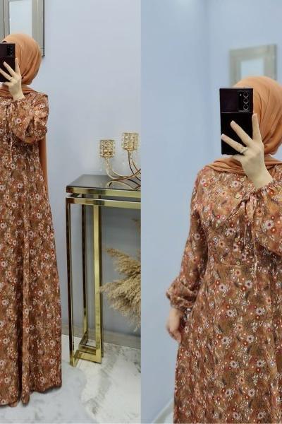 Yeni Model Çiçekli Elbisem Taba