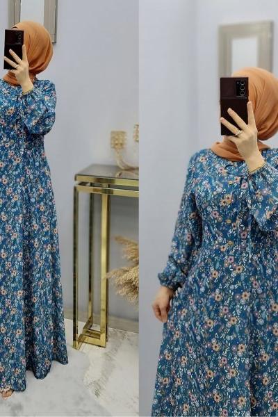 Yeni Model Çiçekli Elbisem Mavi