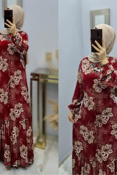 Yeni Model Desenli Elbisem Bordo