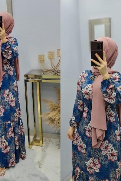 Yeni Model Desenli Elbisem Mavi