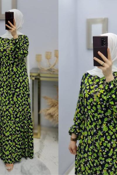 Yeni Model Çiçekli Elbisem Yeşil