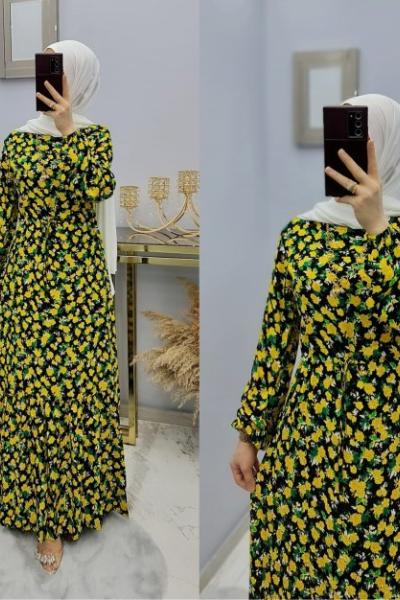 Yeni Model Çiçekli Elbisem Sarı