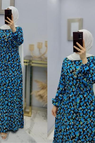 Yeni Model Çiçekli Elbisem Mavi