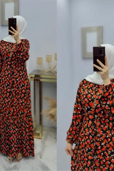 Yeni Model Çiçekli Elbisem Kırmızı