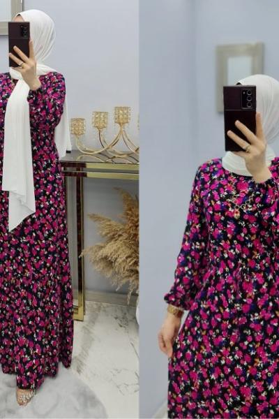 Yeni Model Çiçekli Elbisem Pembe