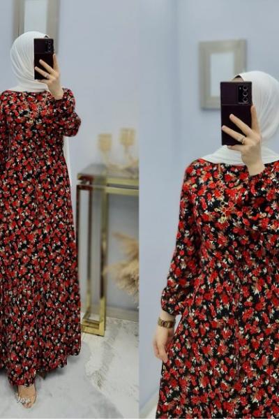 Yeni Model Çiçekli Elbisem Bordo