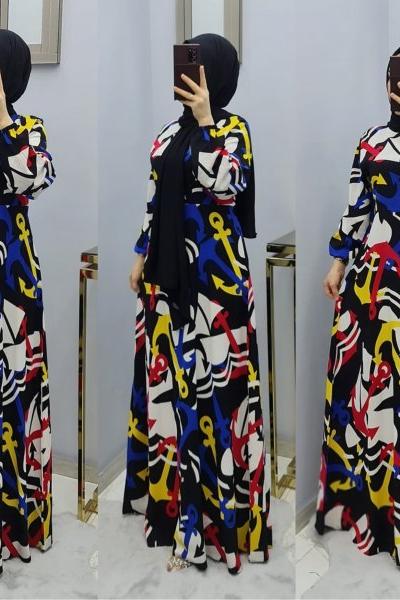 Yeni Model Desenli Elbisem Siyah mavi