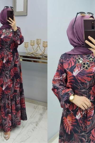 Yeni Model Yaprak Desenli Elbisem Siyah Mor