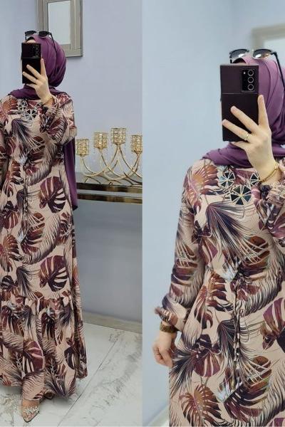 Yeni Model Yaprak Desenli Elbisem Krem