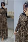 Yeni Model Astarlı Leopar Şifon Elbisem Kahverengi
