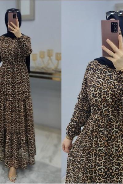 Yeni Model Astarlı Leopar Şifon Elbisem Kahverengi