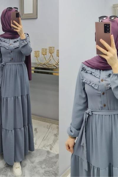 Yeni Model Ayrobin Düğmeli Elbisem Gri