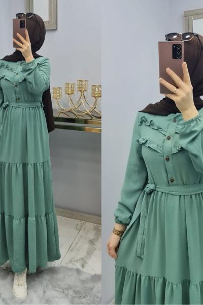 Yeni Model Ayrobin Düğmeli Elbisem Mint Yeşili