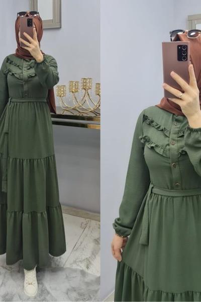 Yeni Model Ayrobin Düğmeli Elbisem Haki