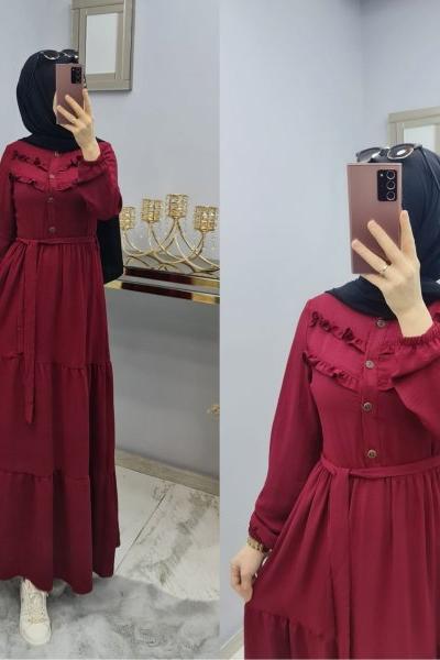 Yeni Model Ayrobin Düğmeli Elbisem Bordo