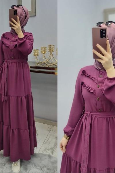 Yeni Model Ayrobin Düğmeli Elbisem Pembe