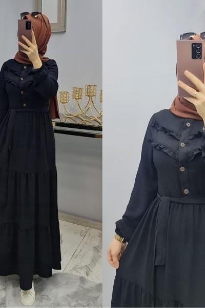 Yeni Model Ayrobin Düğmeli Elbisem Siyah