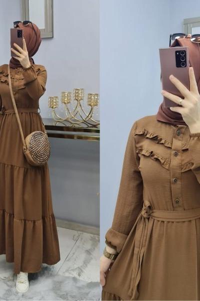Yeni Model Ayrobin Düğmeli Elbisem Kahverengi