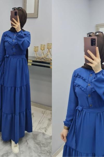 Yeni Model Ayrobin Düğmeli Elbisem Mavi