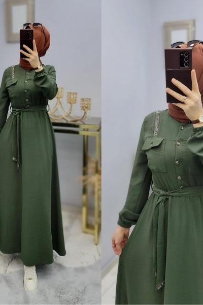 Yeni Model Taş Detaylı Star Elbisem Haki