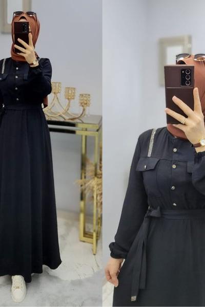 Yeni Model Taş Detaylı Star Elbisem Siyah