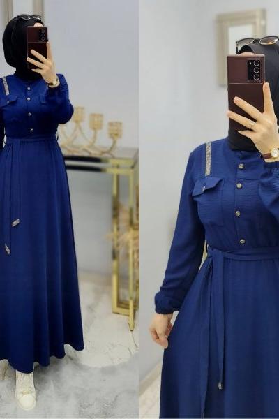 Yeni Model Taş Detaylı Star Elbisem Lacivert