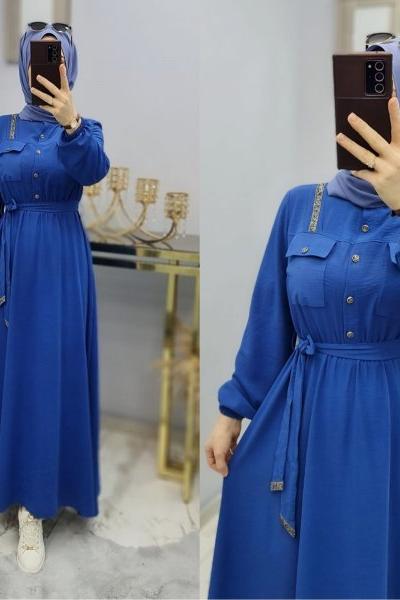 Yeni Model Taş Detaylı Star Elbisem Mavi