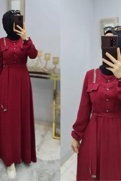 Yeni Model Taş Detaylı Star Elbisem Bordo