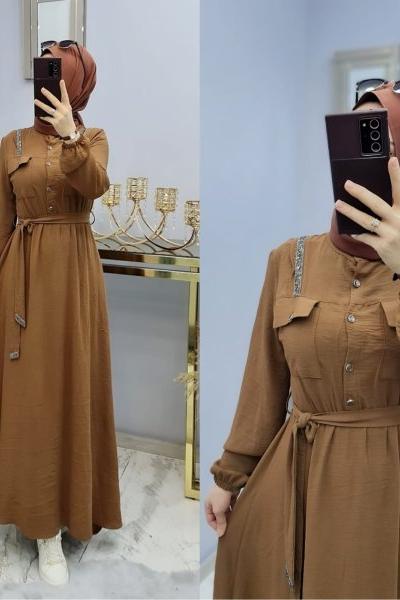 Yeni Model Taş Detaylı Star Elbisem Kahverengi