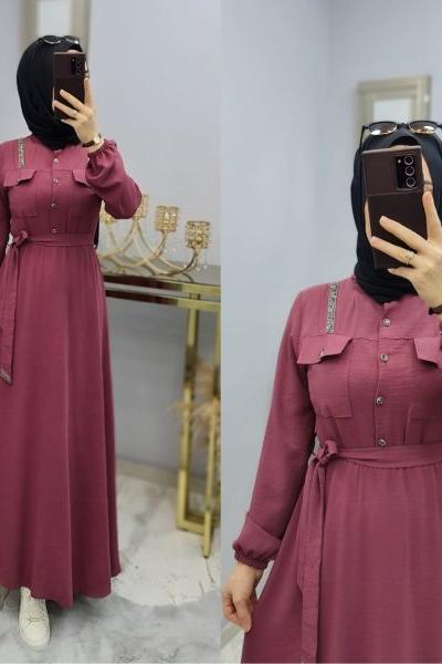 Yeni Model Taş Detaylı Star Elbisem Pembe