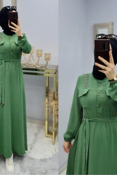 Yeni Model Taş Detaylı Star Elbisem Yeşil