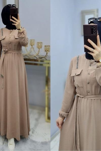 Yeni Model Taş Detaylı Star Elbisem Bej