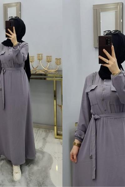 Yeni Model Taş Detaylı Star Elbisem Gri