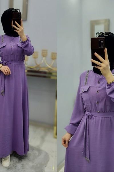 Yeni Model Taş Detaylı Star Elbisem Lila