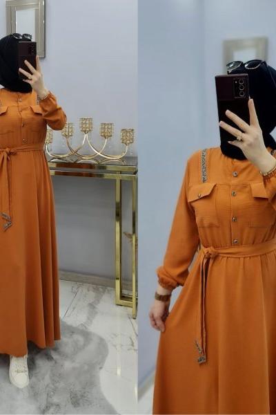 Yeni Model Taş Detaylı Star Elbisem Turuncu