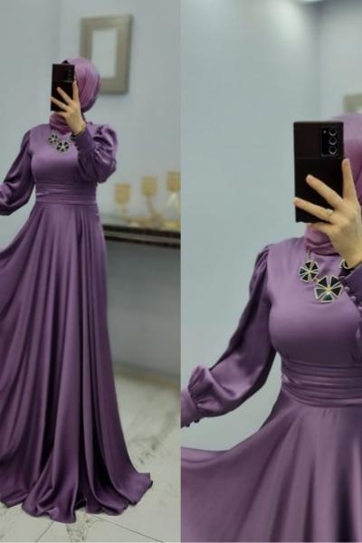 Yeni Model Şık Saten Elbise Lila
